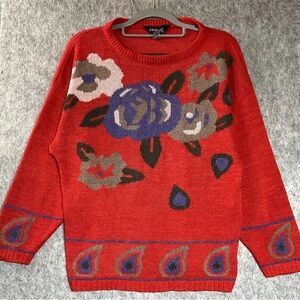 Vintage Red Floral Crew Neck Sweater Womens Large Silk Blend 90s